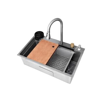 Chậu 1 hố đúc 201 nano bạc (7546 – AHFC)+vòi+thớt+rửa cốc – xi phông xả nhấn 7546-AHFC